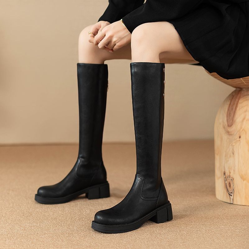 Leather Work Boots - Autumn Winter Middle Heel Ladies Knee