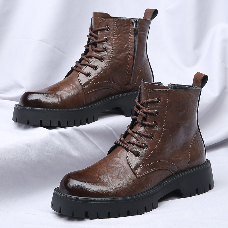 Men Side Zipper High Top Boots - Leather Work Boots ulasan dan harga
