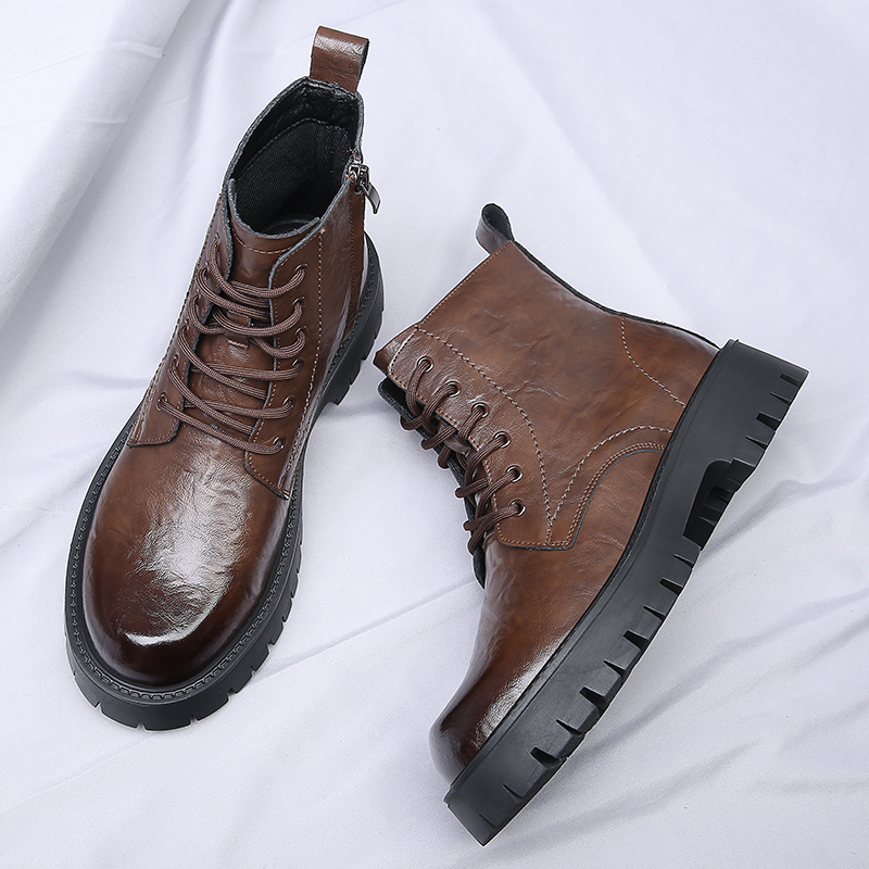 Men Side Zipper High Top Boots - Leather Work Boots ulasan dan harga