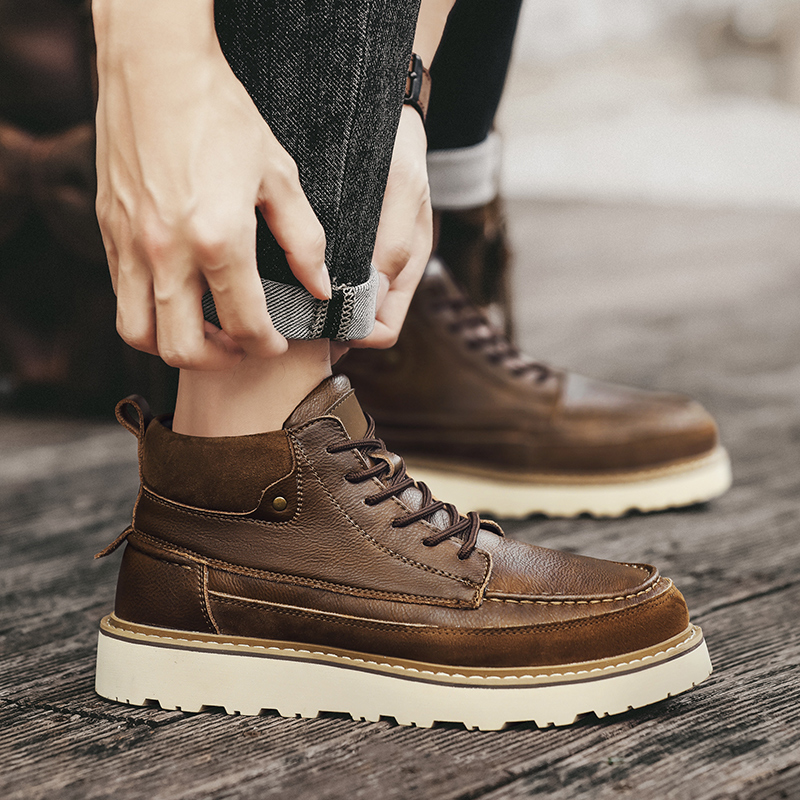 Men Brown Fleece Lined Warm Hi - Leather Work Boots ulasan dan harga